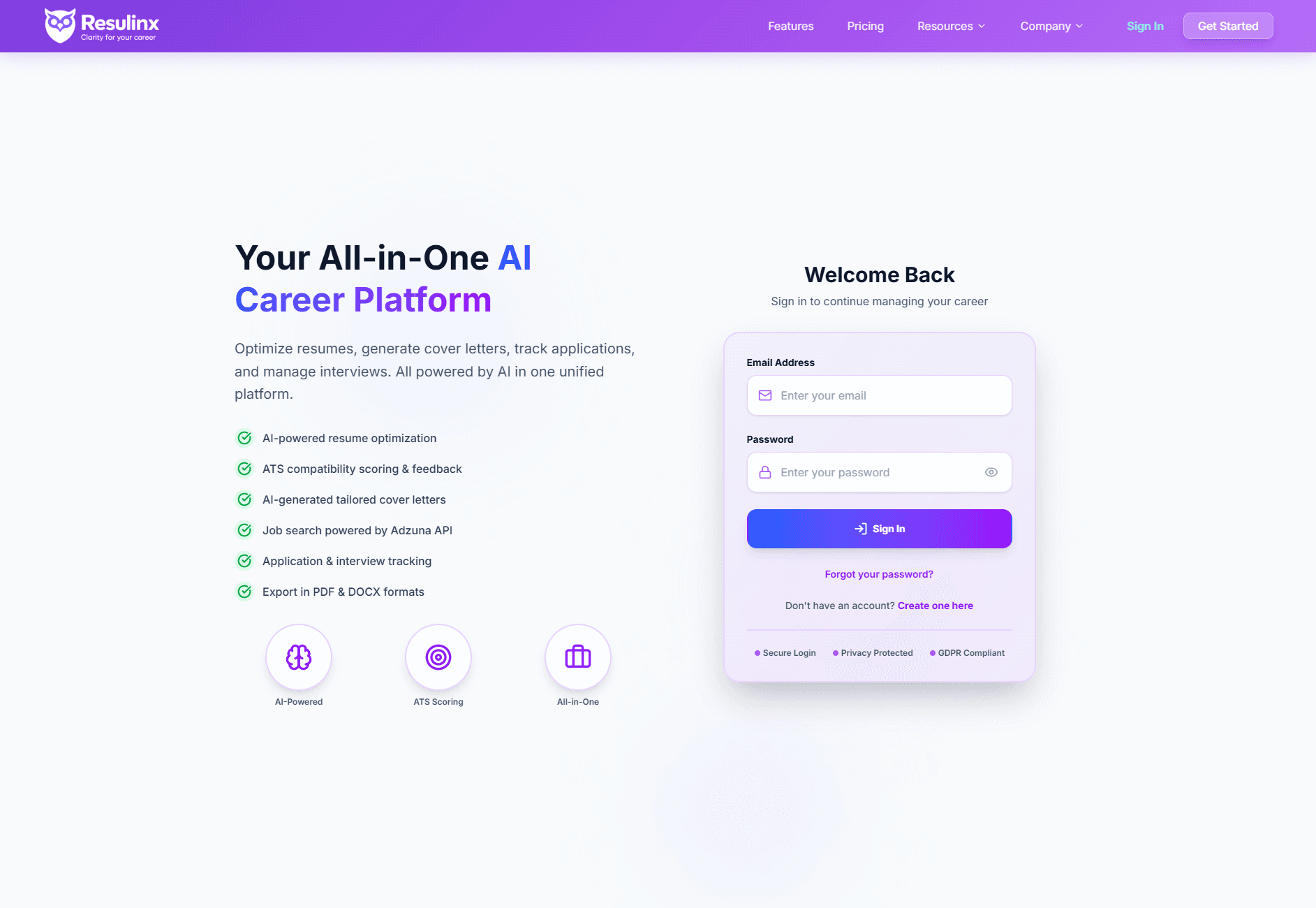Resulinx signup and dashboard interface