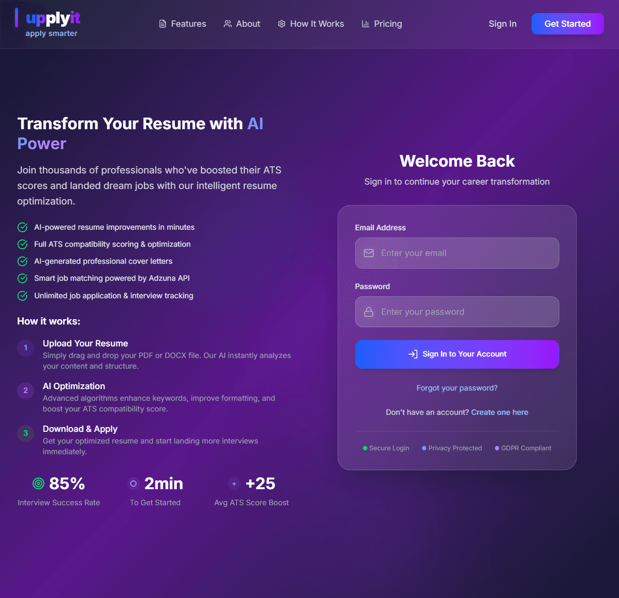 Upplyit signup and dashboard interface